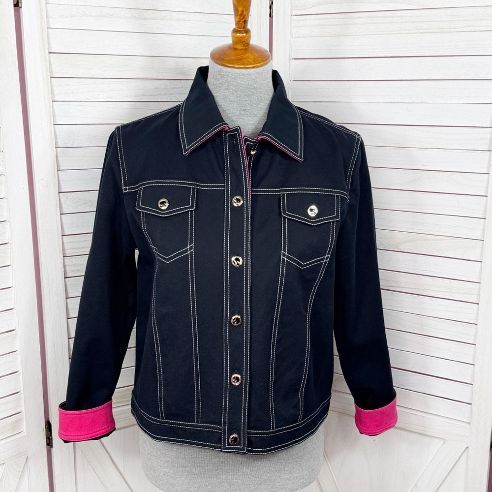 Vntg St. John Sport Jacket Small Black Pink Contrast Stitch Button Front Denim